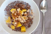 breakfast quinoa with fresh mango, apple sauce, coconut and almonds